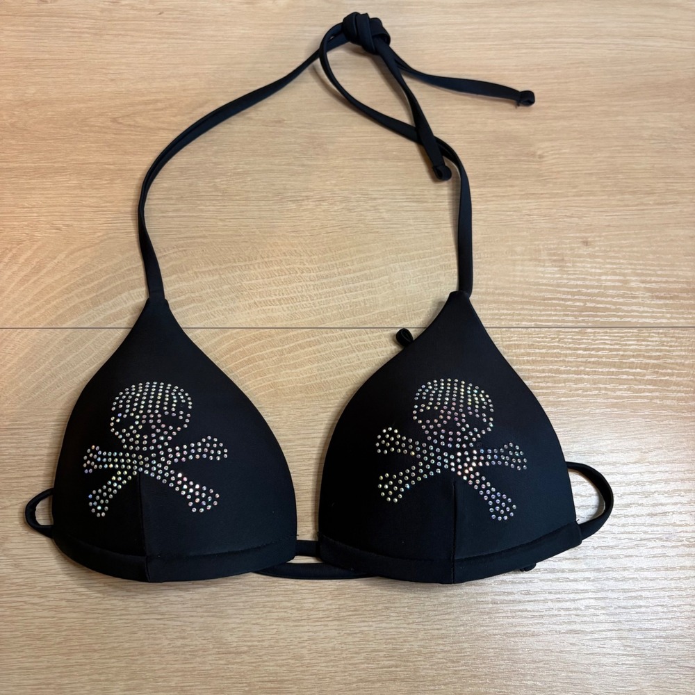 Black Rhinestone Skull Crossbones Triangle Halter Bikini Top Small Swimwear